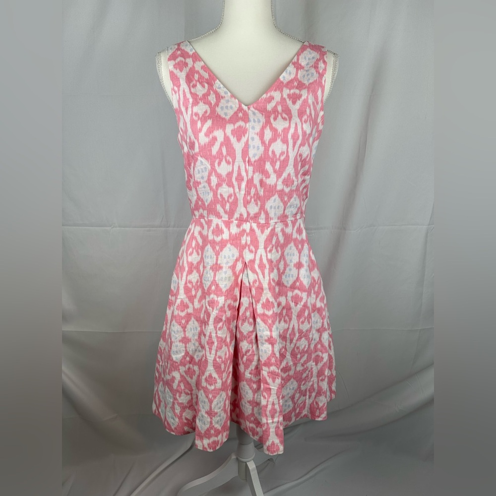 Gap Pink 100% Linen Print Lined Sleeveless Pockets V-Neck Dress Size 6